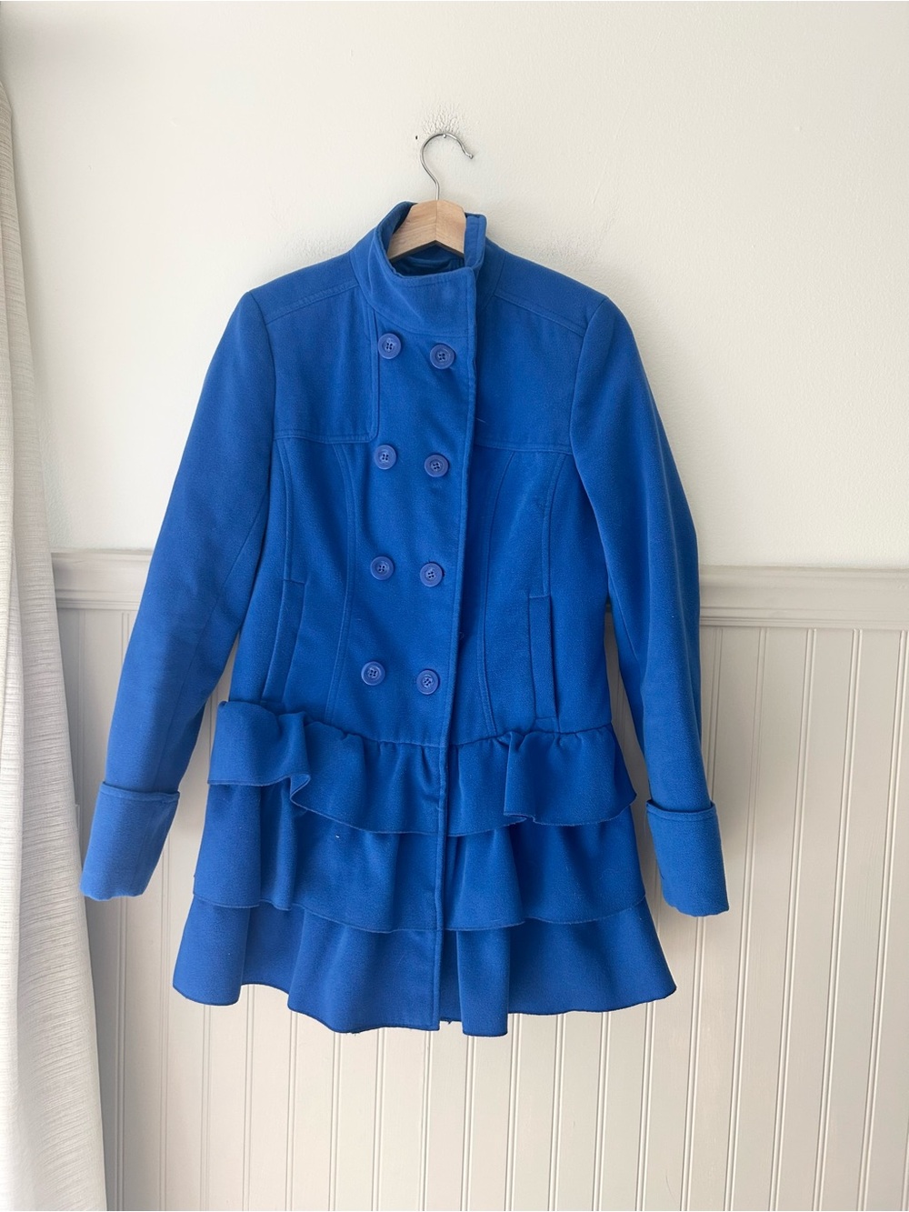 Xhilaration Medium Royal Blue Ruffle Hem Double Breasted Peacoat